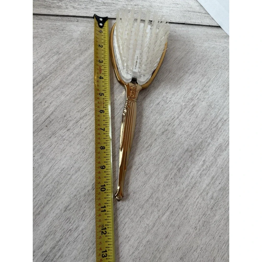 Vintage Gold Tone Hand Mirror & Brush Set Embossed Floral Fluted Handle Vanity